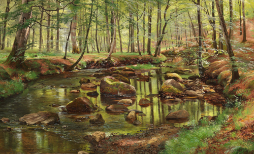 A spring day in the woods with the sunlight reflected in a stream., 1870, Carl Frederic Aagaard