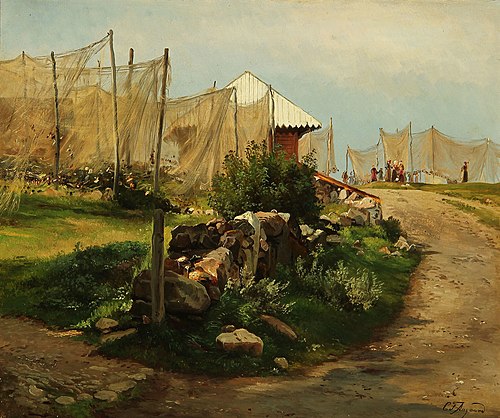 Scene from a fishing village., 1873, Carl Frederic Aagaard