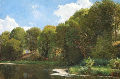 Tree covered slopes near a lake., 1873, Carl Frederic Aagaard