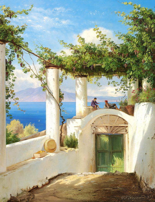 The bay of Naples with two Italians conversing in a loggia., 1879, Carl Frederic Aagaard