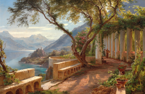 A monk and a novice at an Italian loggia, with an inlet and some mountains in the background., 1877, Carl Frederic Aagaard