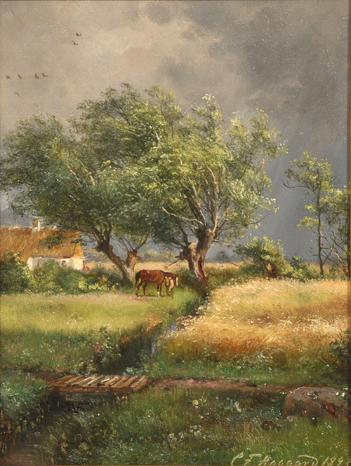 Landscape with farm and horses., 1893, Carl Frederic Aagaard