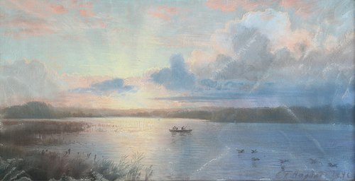 Fishing from a dinghy at daybreak., 1891, Carl Frederic Aagaard