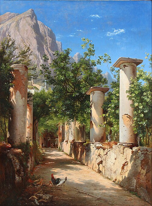 Ancient columns, Italy. In the background figures at the well. Pres. from Capri., 1874, Carl Frederic Aagaard