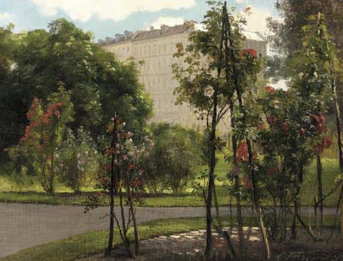 A colonnade on the edge of a park with roses in bloom., 1885, Carl Frederic Aagaard