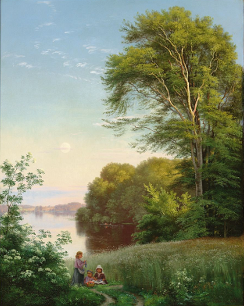 Three girls making wreaths near a lake., 1886, Carl Frederic Aagaard
