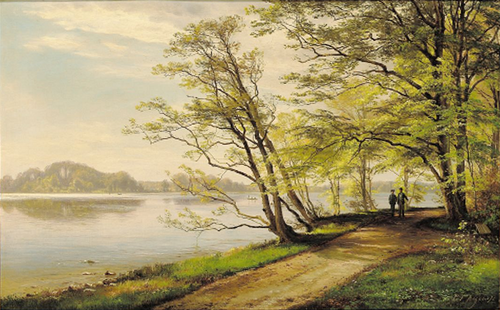 People walking near a lake in springtime., 1892, Carl Frederic Aagaard