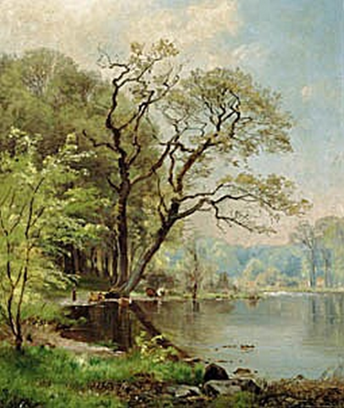 Watering the cows at a forest lake., 1894, Carl Frederic Aagaard