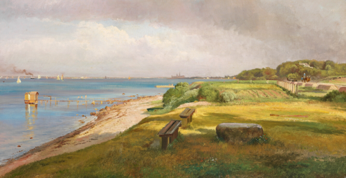 Sailing vessels off the coast North of Kronborg on a summer day., 1873, Carl Frederic Aagaard