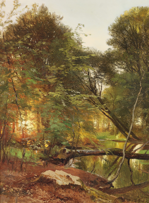 A stream running through a forest at sunset., 1873, Carl Frederic Aagaard