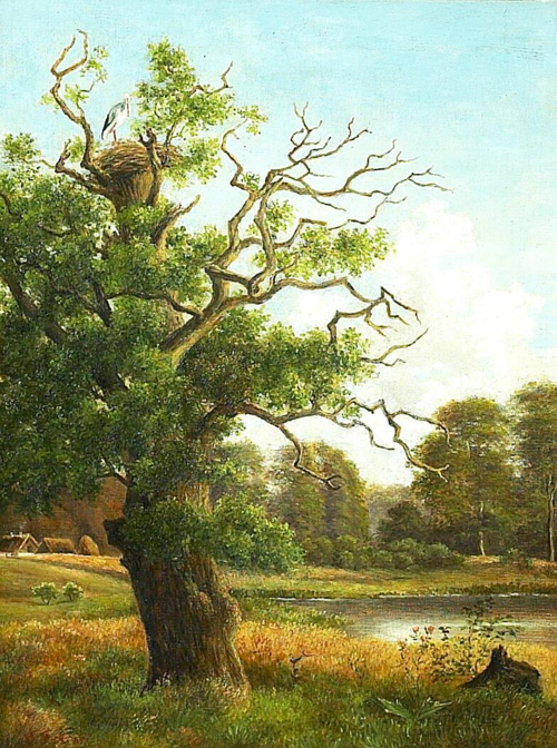 A stork in its nest in an old oak tree by a lake., 1885, Carl Frederic Aagaard