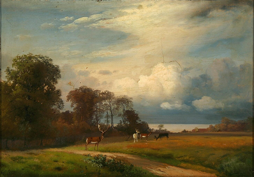 Stags in Jægersborg Dyrehave., 1873, Carl Frederic Aagaard
