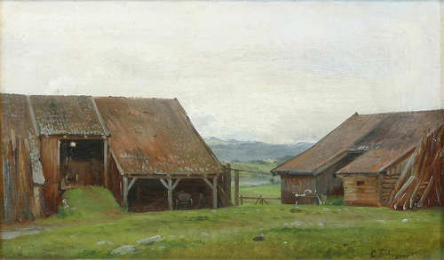 Landscape with wood cottages., 1873, Carl Frederic Aagaard