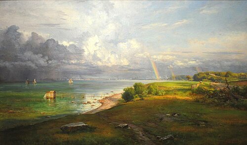 Thunder shower on its way out over Øresund. Seen From Hellebæk., 1894, Carl Frederic Aagaard