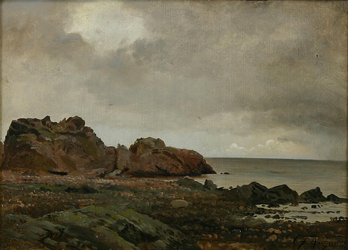 A rocky coast with view over the ocean., 1873, Carl Frederic Aagaard