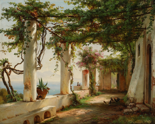 View from a flowery pergola towards Mount Vesuvius., 1887, Carl Frederic Aagaard