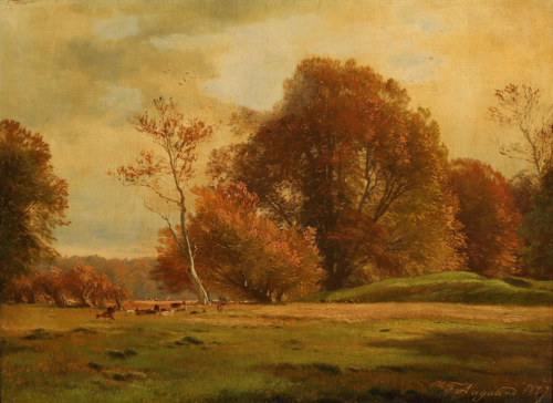 Grazing deer in Dyrehaven park, north of Copenhagen., 1879, Carl Frederic Aagaard