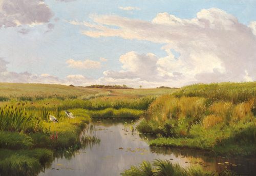 Landscape with storks by a brook., 1873, Carl Frederic Aagaard