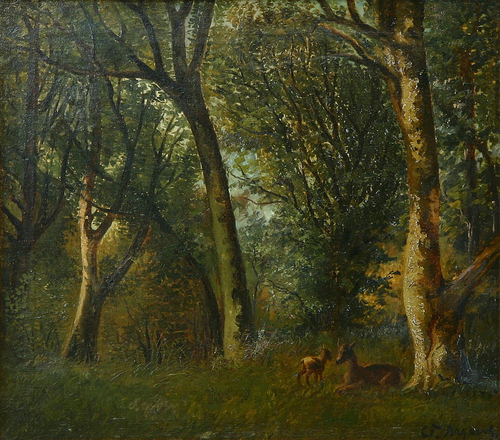Forest scenery with deer., 1873, Carl Frederic Aagaard