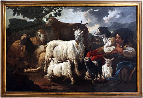 pastore con gregge di pecore e capre, 1717, Domenico Brandi