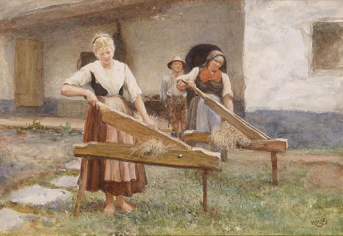 Young Farmers breaking Flax, 1885, Hubert von Herkomer