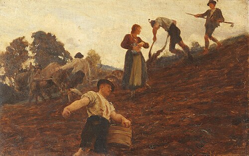 Farm workers tilling and sowing a hillside., 1885, Hubert von Herkomer