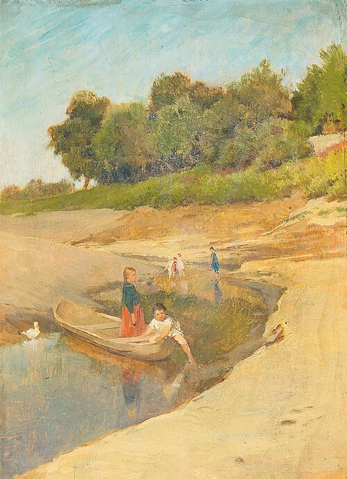 Children Playing in a Stream in Summer, 1934, Lajos Deak Ebner