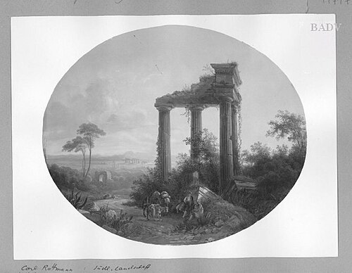 Italian landscape with ruins and travellers, 1831, Carl Rottmann