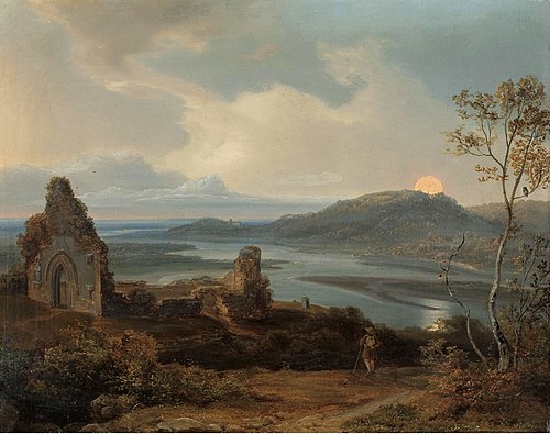Ruines d'une chapelle près d'une rivière avec lever de Lune, 1820, Carl Rottmann
