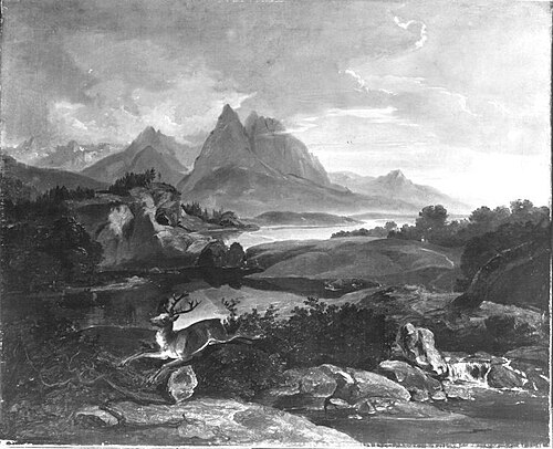 Gebirgslandschaft mit fliehendem Hirsch, 1823, Carl Rottmann