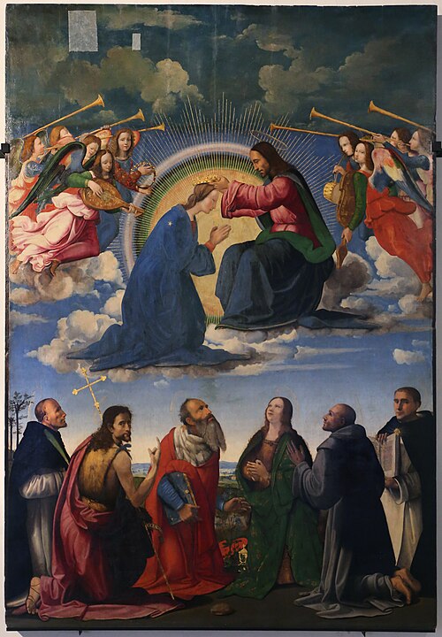 Le Couronnement de la Vierge avec six saints (Pierre martyr, Jean-Baptiste, Jérome, Madeleine, Franç, 1504, Ridolfo del Ghirlandaio