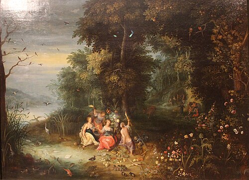 Wooded landscape with the four elements, 1619, Abraham Govaerts