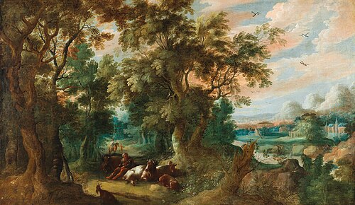 Wooded landscape with shepherds and their flock, 1617, Abraham Govaerts