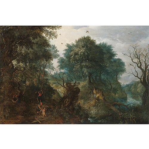 A Wooded Landscape with Woodcutters near a River, 1650, Abraham Govaerts