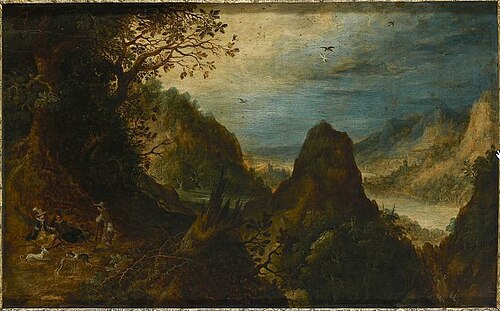 Landscape with River Vale and Falcon Hunt, 1614, Abraham Govaerts