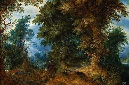 Paysage boisé avec des paysans traversant le gué., 1620, Abraham Govaerts