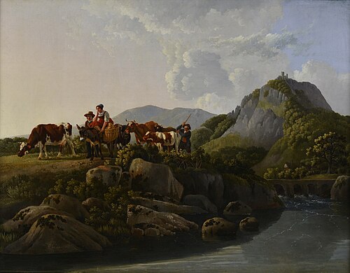 Peasants and cattle near Drachenfels, 1820, Leendert de Koningh