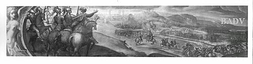 Battle - scene in landscape with town, 1569, Palma le Jeune