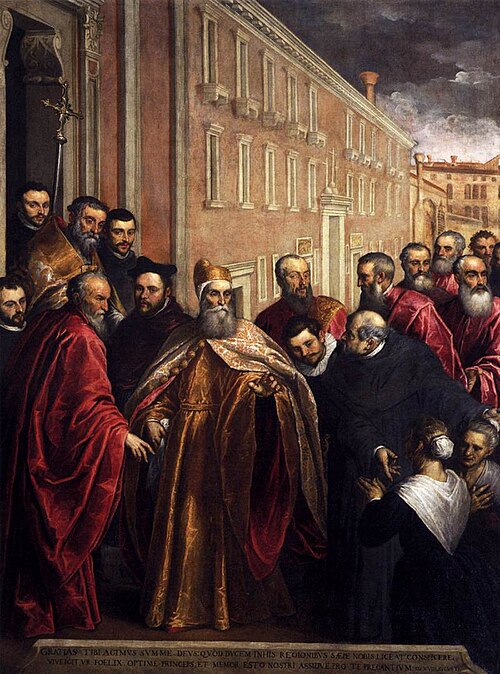 Pasquale Cicogna in Dogal Robes Visiting the Church and Hospital of the Crociferi, 1577, Palma le Jeune
