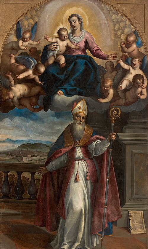 Aparição da Virgem com o Menino a santo Ubaldo, bispo de Gubbio, que indica ao fundo a cidade de Pes, 1620, Palma le Jeune