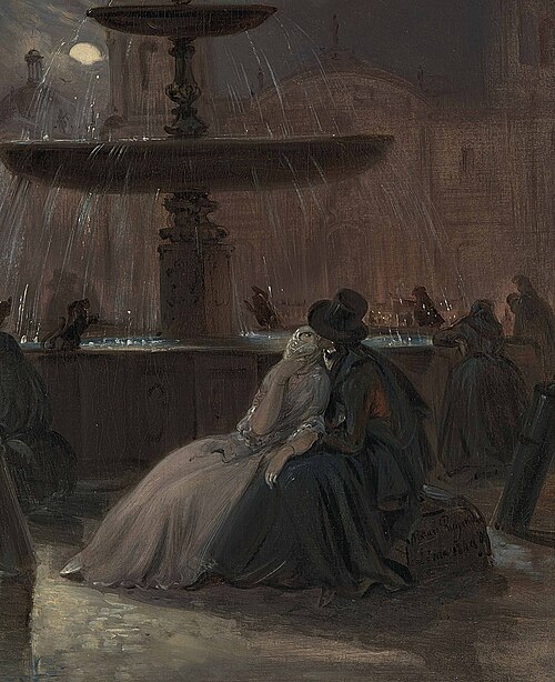 A lovers' tryst by moonlight, Plaza Mayor, Lima, 1844, Johann Moritz Rugendas