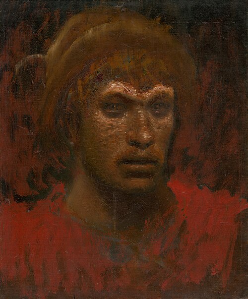 Man in Red Shirt and Hat with Feather, 1905, László Mednyánszky