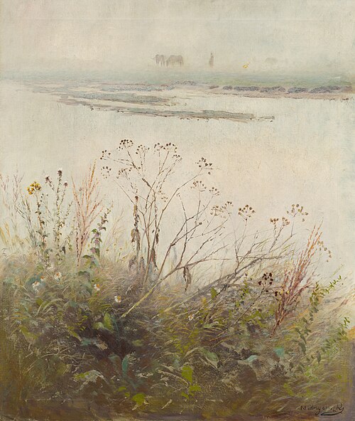 Shore of Flooded River in Blossom, 1880, László Mednyánszky