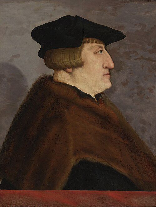 Profilporträt eines Herrn in halber Länge, mit schwarzem Hut und Pelzjacke, vor einer Brüstung, 1550, Christoph Amberger