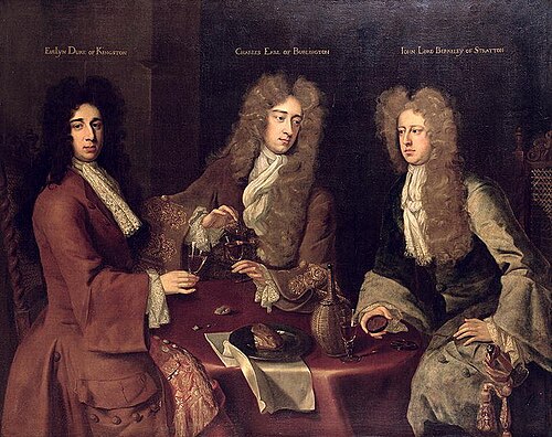 The Earl of Burlington (centre) with Evelyn Pierrepont, 1st Duke of Kingston-upon-Hull (left) and Jo, 1650, Godfrey Kneller