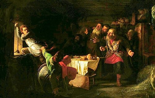 Escape of Gregoriy Otrepyev  from Inn on the Lithuanian Border ., 1862, Grigori Miassoïedov