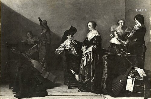7 persons in a room, chatting, 1624, Pieter Codde
