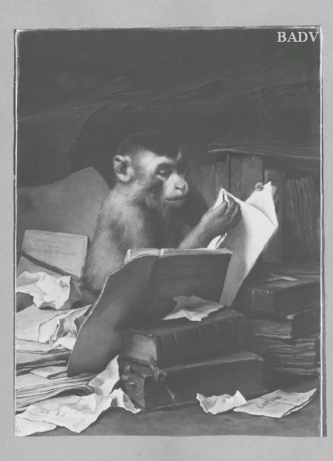 a monkey reading, 1865, Gabriel von Max