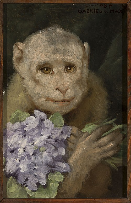 Monkey with violets., 1880, Gabriel von Max