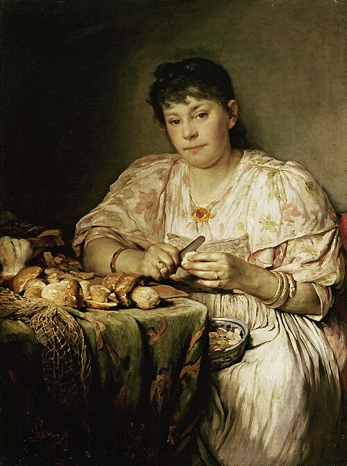 Ernestine von Max, die Frau des Künstlers, Pilze schälend, 1896, Gabriel von Max
